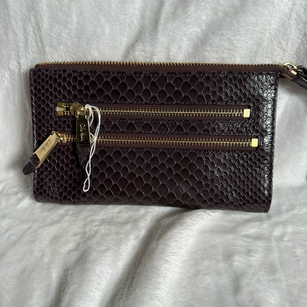 Cole Haan Dark Brown Snakeskin Clutch with Gold Zippers